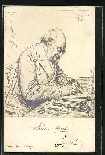 AK Portrait von Nicolaus Beets am Schreibtisch sitzend