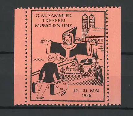 Reklamemarke München-Linz, G. M. Sammler-Treffen 1956, Münchner Kindl und Frauenkirche