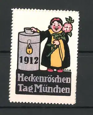 Künstler-Reklamemarke P. O. Engelhard, München, Heckenröschentag 1912, Münchner Kindl mit Heckenrose