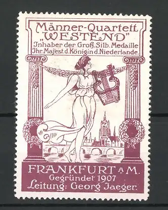 Reklamemarke Frankfurt / Main, Gesangsverein Männer-Quartett Westend, elegante Frau mit Lyra am Stadtrand