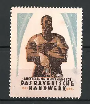 Reklamemarke München, Ausstellung das Bayerische Handwerk 1921, Schmied mit Schriftrolle