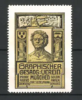 Reklamemarke Graphischer Gesangsverein München, Dir. J. Edelmann, Büste & Lyra