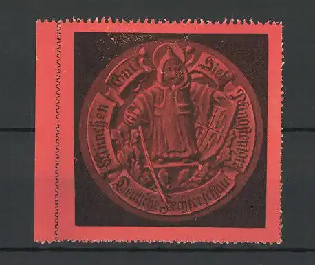 Reklamemarke München, Deutsche Fechterschau 1912, Münchner Kindl mit Degen und Schild Gut Hieb