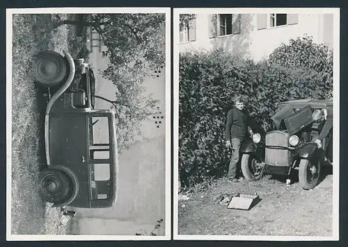 2 Fotografien Fotograf unbekannt, Ansicht Dachau, Gröbenzellerstr. 8, Burschen bauen Auto um
