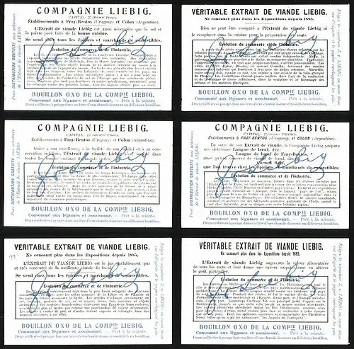 6 Sammelbilder Liebig, Serie Nr.: 993, Evolution du commerce et de l`industrie, Fortschritt der Industrie, Händler