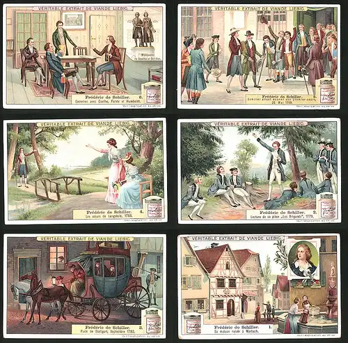 6 Sammelbilder Liebig, Serie Nr.: 974, Frédéric de Schiller, Geburtshaus in Marbach, Szenen aus dem Leben