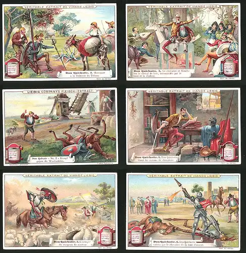 6 Sammelbilder Liebig, Serie Nr.: 552, Don Quichotte, Szenen aus dem Leben, Sancho Panza