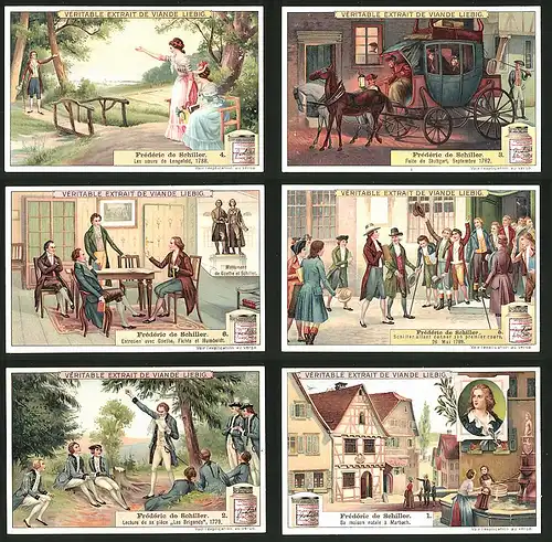 6 Sammelbilder Liebig, Serie Nr.: 974, Frédéric de Schiller, Stationen seines Lebens