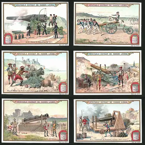 6 Sammelbilder Liebig, Serie Nr.: 723, Canon, Cerbotane, Mortier