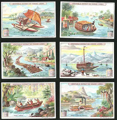 6 Sammelbilder Liebig, Serie Nr.: 721, Bateaux, Mississipi, Pirogue, Samojedes