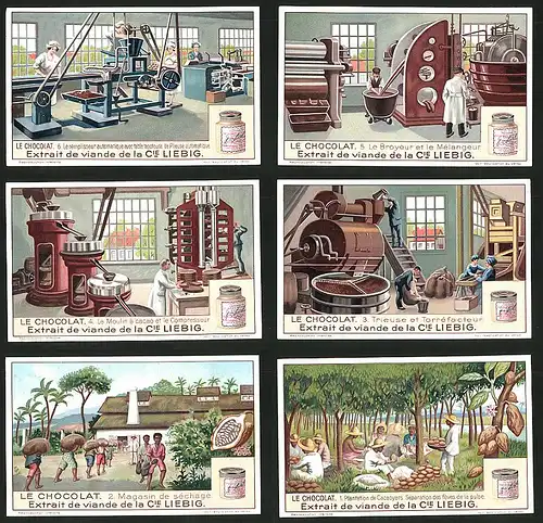6 Sammelbilder Liebig, Serie Nr.: 1224, Le Chocolat, Plantation, Le Moulin, Le Broyeur