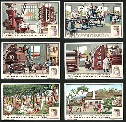 6 Sammelbilder Liebig, Serie Nr.: 1224, Le Chocolat, Magasin de séchage, Moulin, Plantation, Kakao