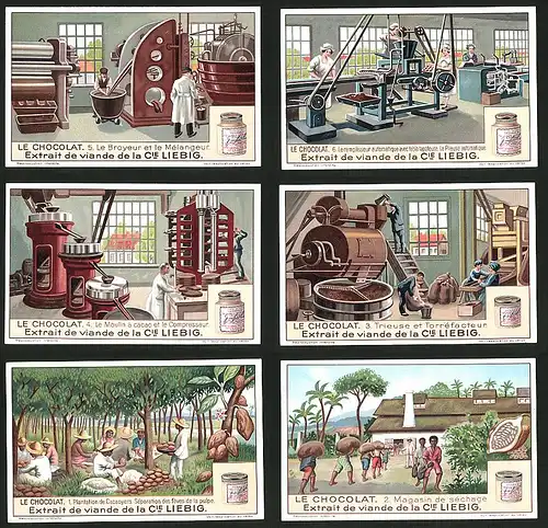 6 Sammelbilder Liebig, Serie Nr.: 1224, Le Chocolat, Trieuses et Torréfacteur, Moulin, Kakao