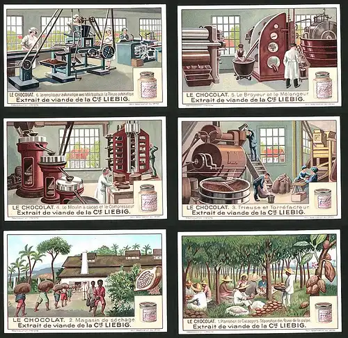 6 Sammelbilder Liebig, Serie Nr.: 1224, Le Chocolat, Plantation de Cacaoyers, Le Moulin, Le Broyeur, Kakao