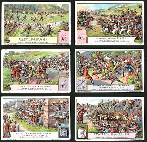 6 Sammelbilder Liebig, Serie Nr.: 1229, Formations de Combat, Phalange, La Tortue