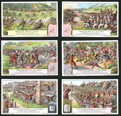 6 Sammelbilder Liebig, Serie Nr.: 1229, Formations de Combat, Phalange, La Tortue, Suisses en hordes