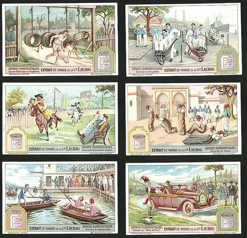 6 Sammelbilder Liebig, Serie Nr.: 1232, Sports Humoristiques, Chasse aux Têtes de Turc, Tournois en barquettes