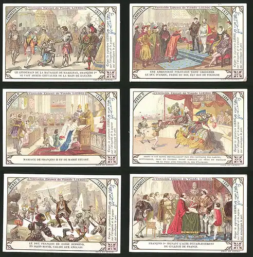 6 Sammelbilder Liebig, Serie Nr.: 646, Francois Ier, Henri II, Charles IX