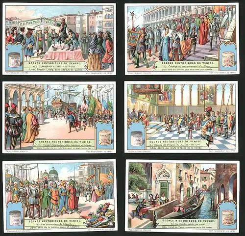 6 Sammelbilder Liebig, Serie Nr.: 1254, Scenes Historiques de Venise, Le Scribe au canal, tribunal, Gondel, Venedig