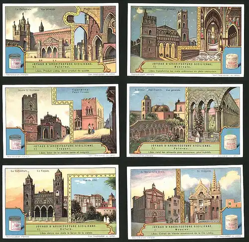 6 Sammelbilder Liebig, Serie Nr.: 1241, Joyaux d`Architecture Sicilienne, Messine, Trapani, Palerme