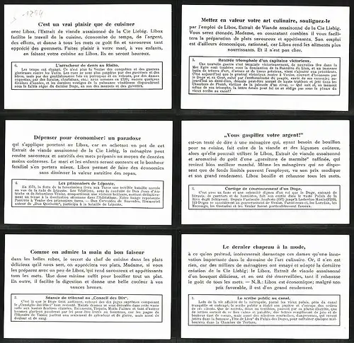 6 Sammelbilder Liebig, Serie Nr.: 1254, Scenes Historiques de Venise, Scribe public, Cortège d`un Doge, Gondel, Venedig
