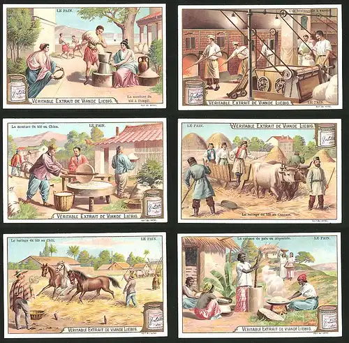 6 Sammelbilder Liebig, Serie Nr.: 706, Le Pain, Verarbeitung von Getreide, Bäckerei, Mehlgewinnung