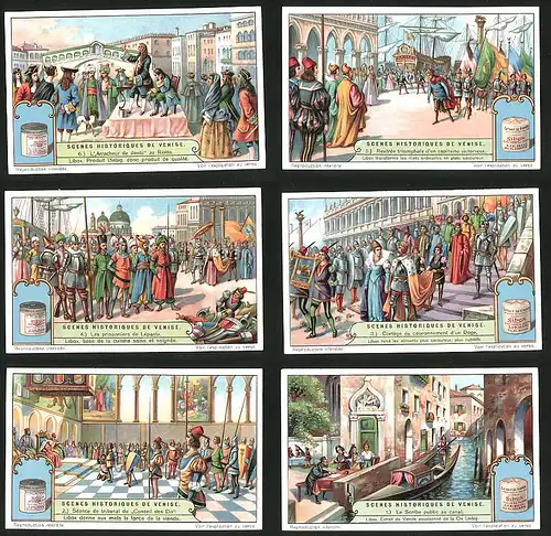 6 Sammelbilder Liebig, Serie Nr.: 1254, Scenes Historiques de Venise, Gondel, Rialto, Doge