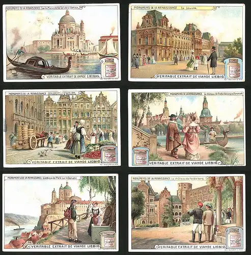 6 Sammelbilder Liebig, Serie Nr.: 1000, Monuments de la Renaissance, Schloss Heidelberg, Studenten, Frederiksborg, Melk