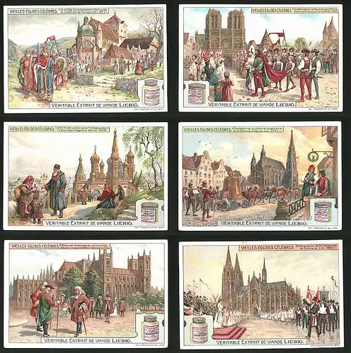 6 Sammelbilder Liebig, Serie Nr.: 1011, Vieilles Églises Célébres, Kölner Dom, Moskau, Trondheim