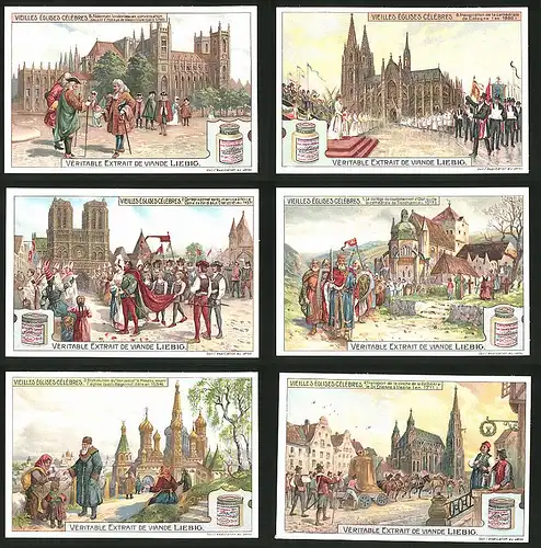 6 Sammelbilder Liebig, Serie Nr.: 1011, Vieilles Églises Célébres, Wien, Köln, Moskau, Trondheim