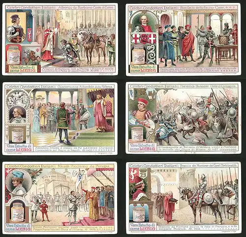 6 Sammelbilder Liebig, Serie Nr.: 1017, Celebri Condottieri Italiani, Ritter, Francesco Bussone, Piccinino da Perug