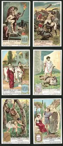 6 Sammelbilder Liebig, Serie Nr.: 1220, Thésée, Zentaur, Minotaurus, Zerberus