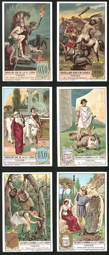 6 Sammelbilder Liebig, Serie Nr.: 1220, Thésée, Minotaurus, Zerberus, Zentaur
