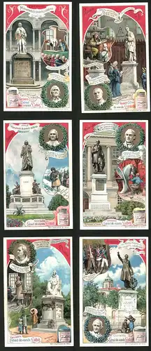 6 Sammelbilder Liebig, Serie Nr.: 742, Monuments de savants célèbres, Francois Arago, Justus von Liebig, Isaac Newton