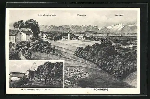 AK Leonberg, Gasthof Leonberg, Ortsansicht gegen Untersberg und Watzmann