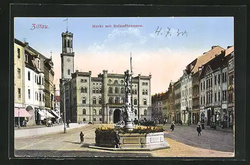 AK Zittau, Markt mit Rolandbrunnen