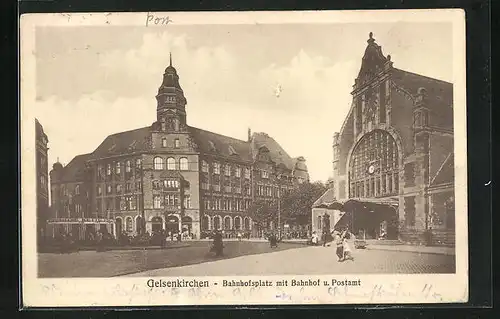 AK Gelsenkirchen, Bahnhofsplatz mit Bahnhof und Postamt