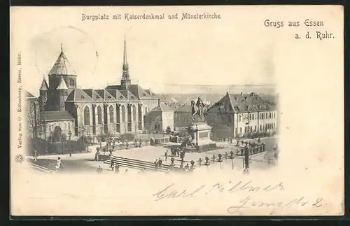 AK Essen / Ruhr, Burgplatz mit Kaiserdenkmal und Münsterkirche