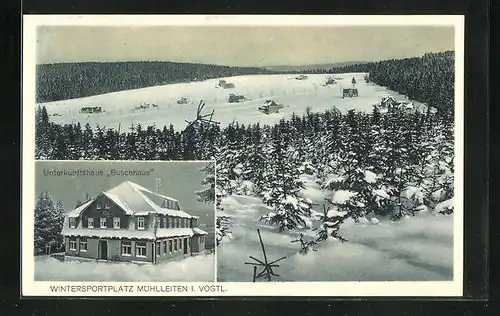 AK Mühlleiten i. Vogtl., Gasthof Buschhaus und Panorama im Winter