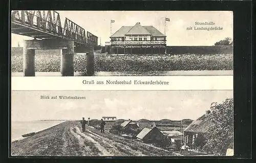 AK Eckwarderhörne, Strandhalle mit Landungsbrücke, Blick auf Wilhelmshaven