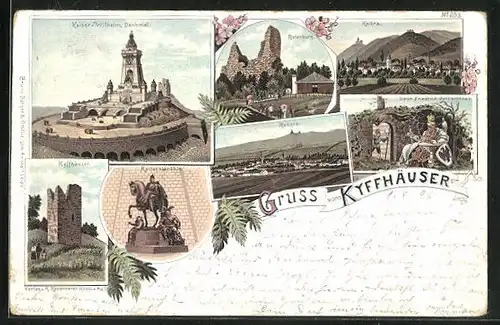 Lithographie Rossla, Teilansicht, Kyffhäuser, Kaiser Wilhelm Denkmal