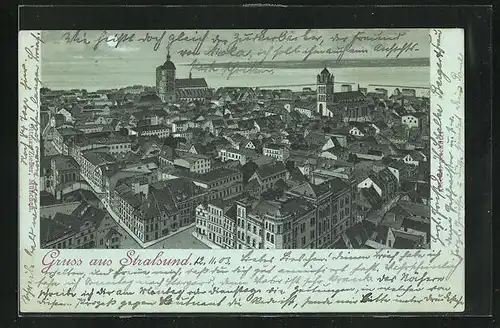 Mondschein-Lithographie Stralsund, Blick über die Altstadt