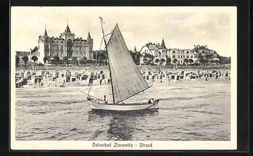 AK Zinnowitz, mit Segelboot am Strand, Strandkörbe an der Uferpromenade