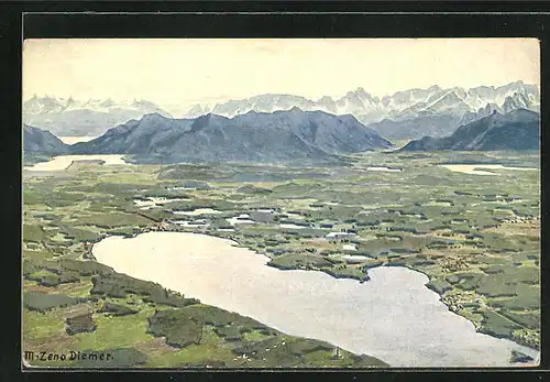 Künstler-AK Zeno Diemer: Der obere Starnberger See mit Kochel- und Walchen-See aus der Vogelschau