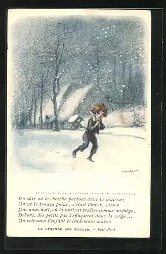 Künstler-AK Francisque Poulbot: Französisches Kind im Schnee
