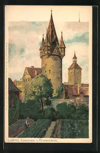 Künstler-AK Zeno Diemer: Lindau, Diebsturm und Peterskirche