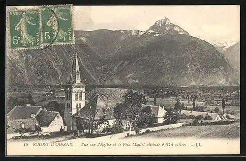 AK Le Bourg-d`Oisans, Vue sur l`Eglise et le Pied Montet altitude