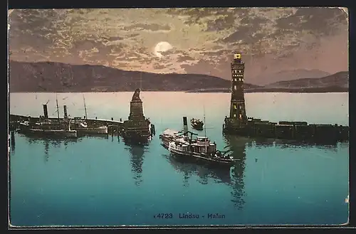 AK Lindau, Bodensee-Hafen bei Mondschein mit Dampfer und Leuchturm