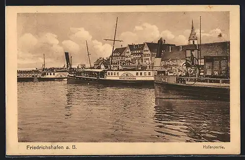 AK Friedrichshafen a. B., Hafenpartie mit Dampfern