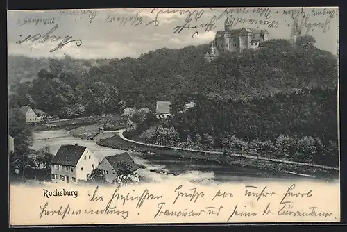 AK Rochsburg, Flusspartie mit Bergen und Burg